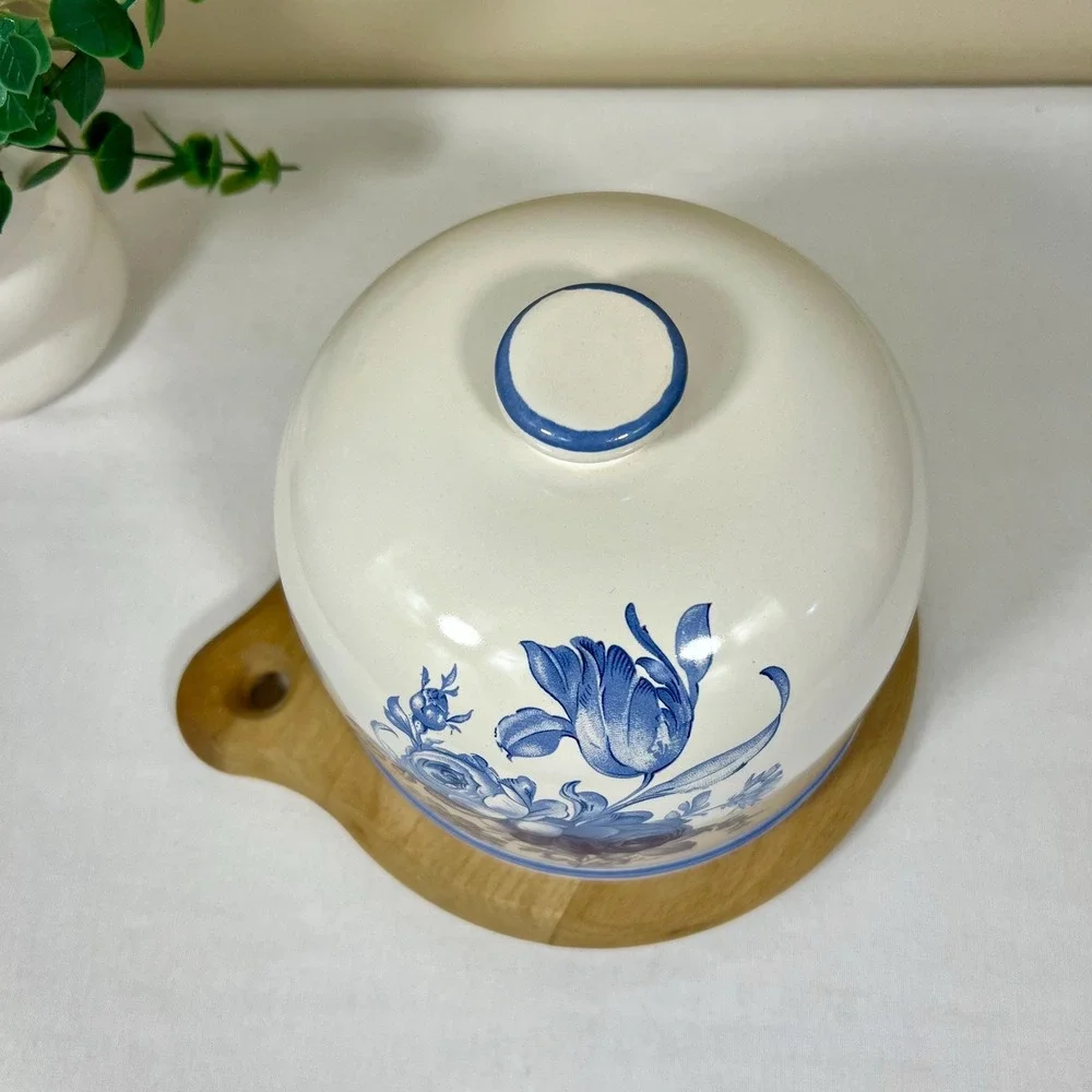 Vintage Porcelain Floral Cheese Ball Cover w/ Wood Base